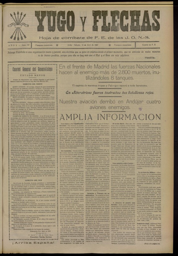 Miniatura de Yugo y flechas : hoja de combate de F.E. de las J.O.N.S. del 10 de abril de 1937, nº 197