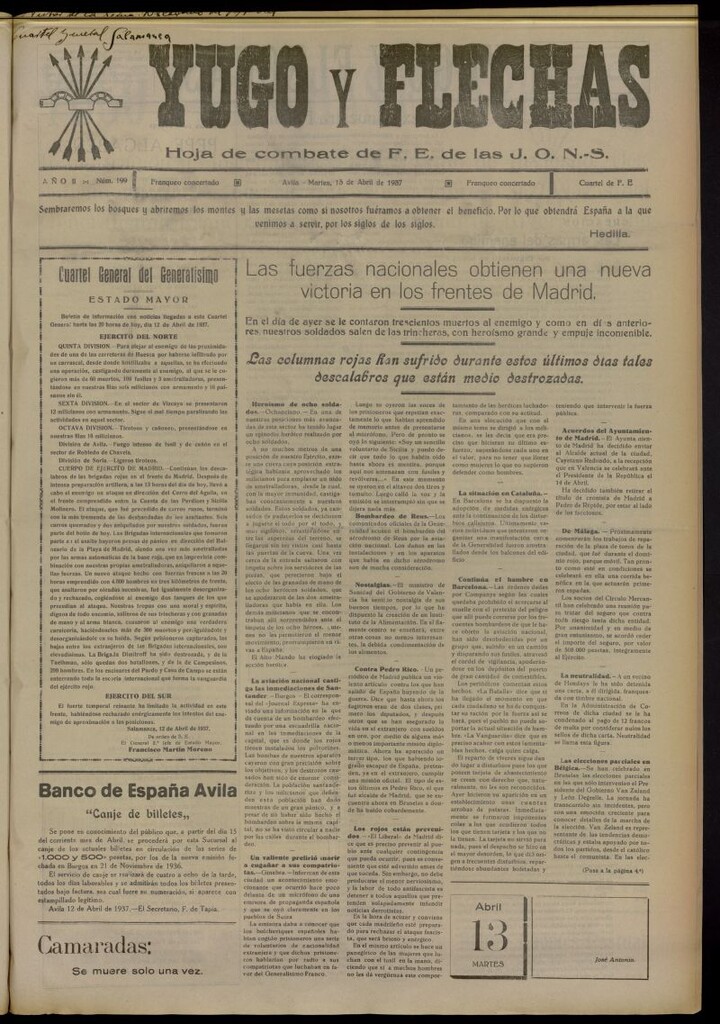 Miniatura de Yugo y flechas : hoja de combate de F.E. de las J.O.N.S. del 13 de abril de 1937, nº 199
