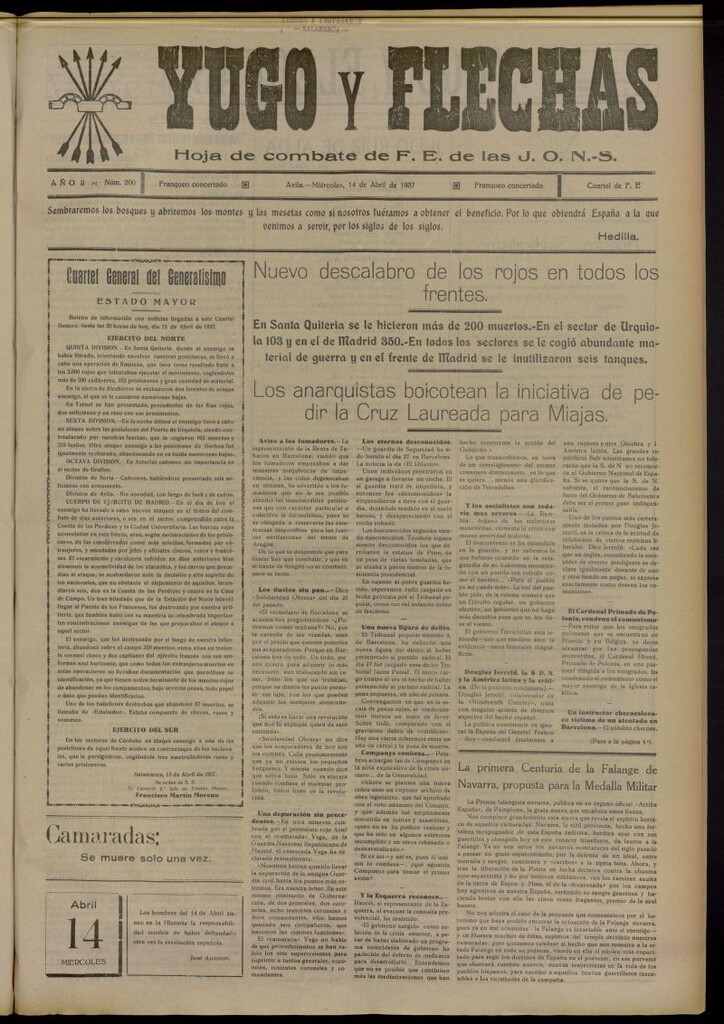 Miniatura de Yugo y flechas : hoja de combate de F.E. de las J.O.N.S. del 14 de abril de 1937, nº 200