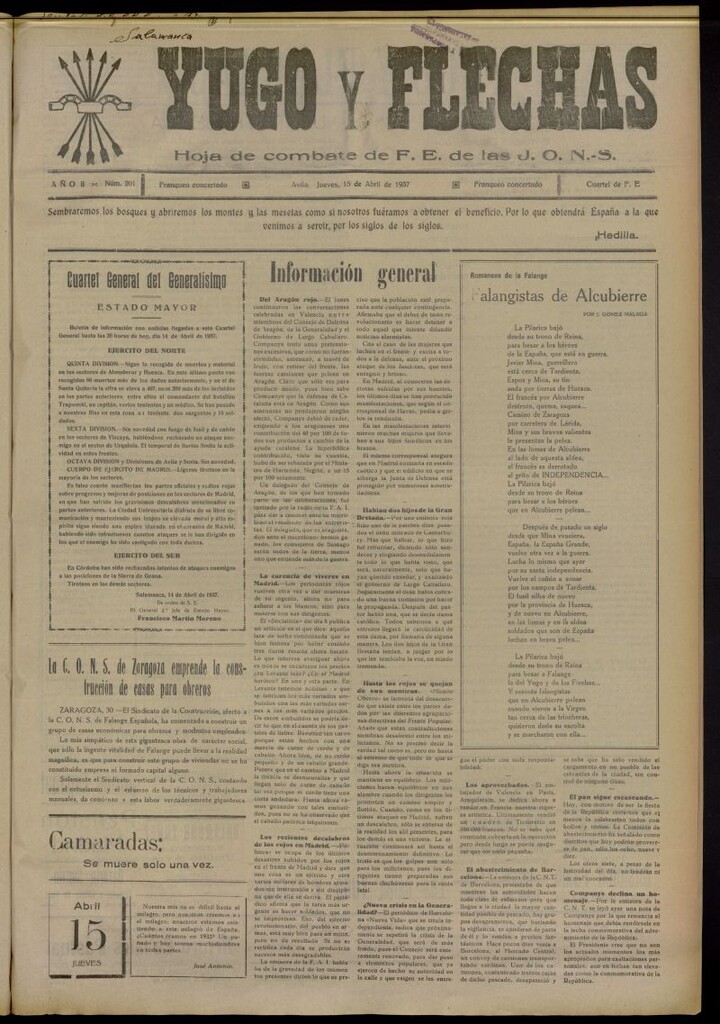 Miniatura de Yugo y flechas : hoja de combate de F.E. de las J.O.N.S. del 15 de abril de 1937, nº 201