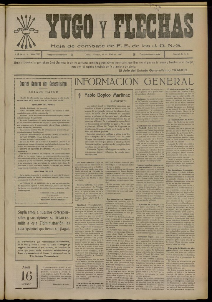 Miniatura de Yugo y flechas : hoja de combate de F.E. de las J.O.N.S. del 16 de abril de 1937, nº 202