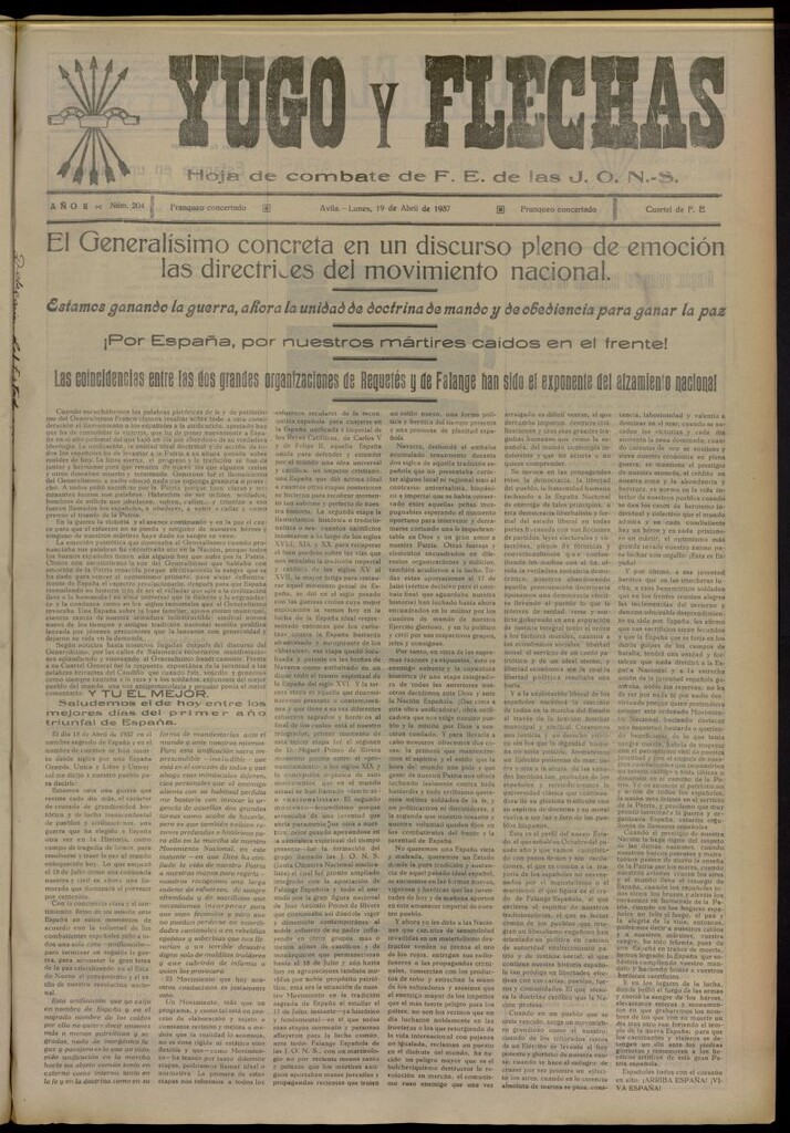 Miniatura de Yugo y flechas : hoja de combate de F.E. de las J.O.N.S. del 19 de abril de 1937, nº 204