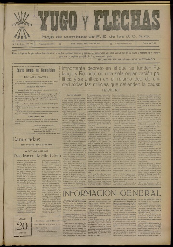 Miniatura de Yugo y flechas : hoja de combate de F.E. de las J.O.N.S. del 20 de abril de 1937, nº 205