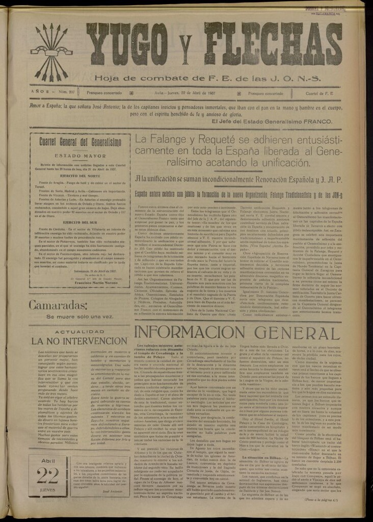 Miniatura de Yugo y flechas : hoja de combate de F.E. de las J.O.N.S. del 22 de abril de 1937, nº 207