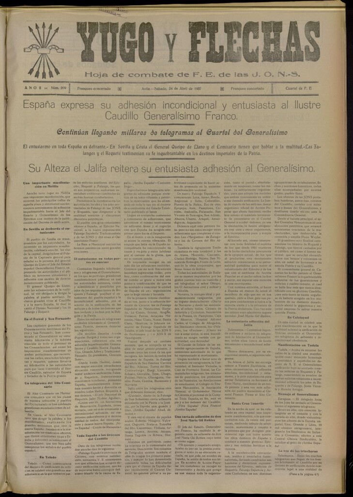 Miniatura de Yugo y flechas : hoja de combate de F.E. de las J.O.N.S. del 24 de abril de 1937, nº 209