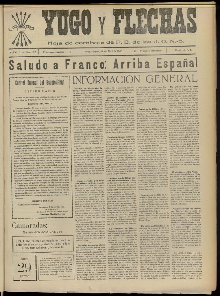 Miniatura de Yugo y flechas : hoja de combate de F.E. de las J.O.N.S. del 29 de abril de 1937, nº 213