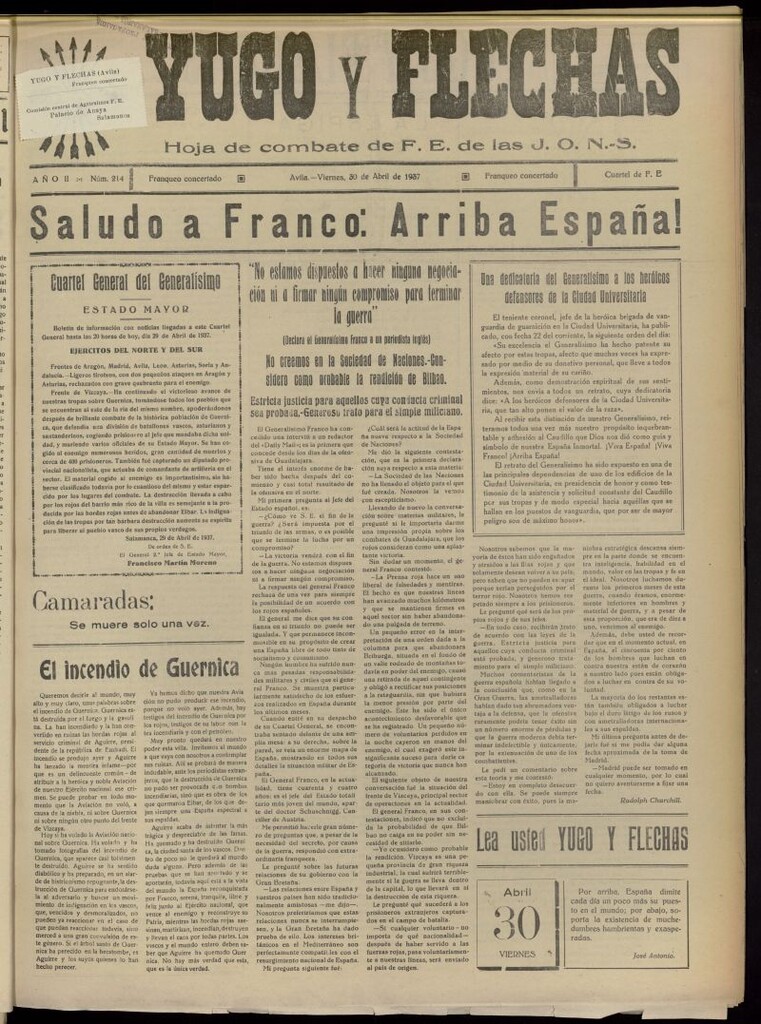 Miniatura de Yugo y flechas : hoja de combate de F.E. de las J.O.N.S. del 30 de abril de 1937, nº 214