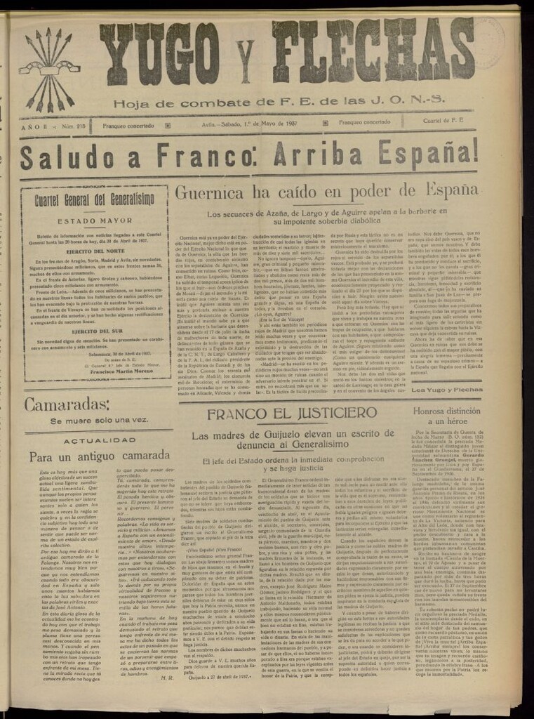 Miniatura de Yugo y flechas : hoja de combate de F.E. de las J.O.N.S. del 1 de mayo de 1937, nº 215