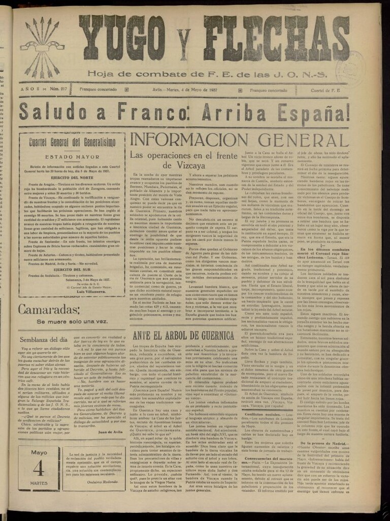 Miniatura de Yugo y flechas : hoja de combate de F.E. de las J.O.N.S. del 4 de mayo de 1937, nº 217