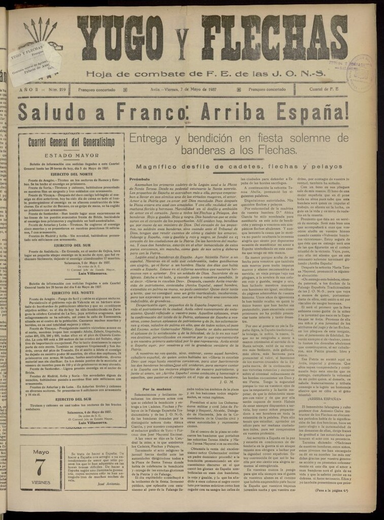 Miniatura de Yugo y flechas : hoja de combate de F.E. de las J.O.N.S. del 7 de mayo de 1937, nº 219