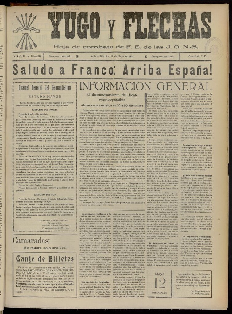 Miniatura de Yugo y flechas : hoja de combate de F.E. de las J.O.N.S. del 12 de mayo de 1937, nº 223