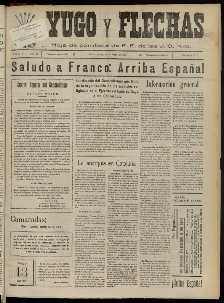 Miniatura de Yugo y flechas : hoja de combate de F.E. de las J.O.N.S. del 13 de mayo de 1937, nº 224