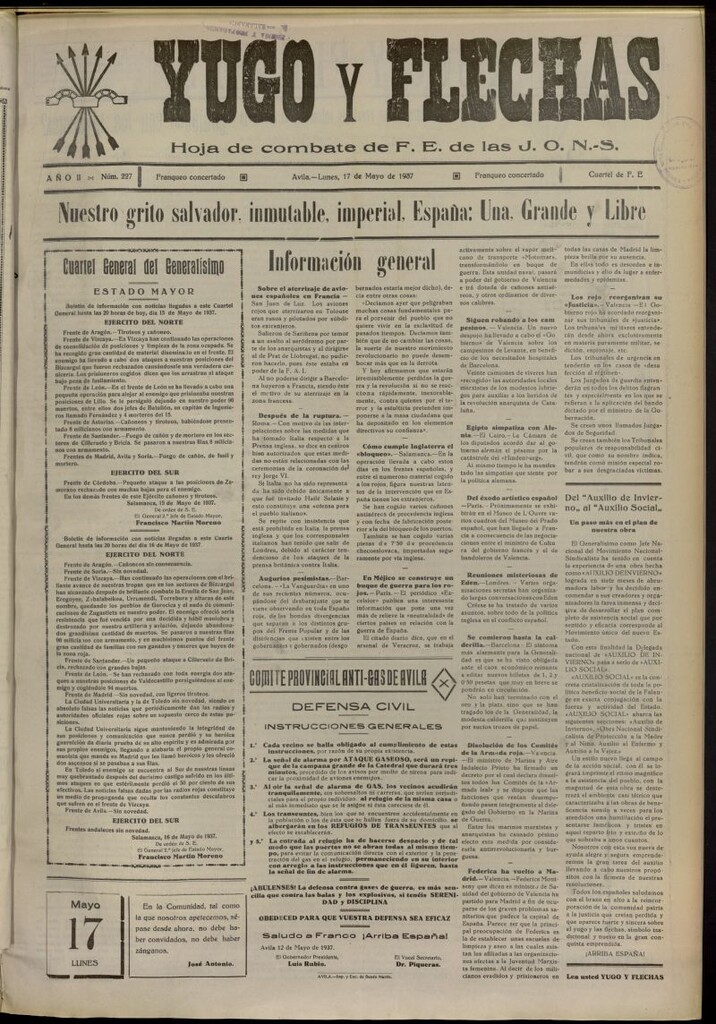 Miniatura de Yugo y flechas : hoja de combate de F.E. de las J.O.N.S. del 17 de mayo de 1937, nº 227