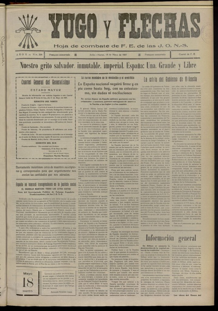 Miniatura de Yugo y flechas : hoja de combate de F.E. de las J.O.N.S. del 18 de mayo de 1937, nº 228