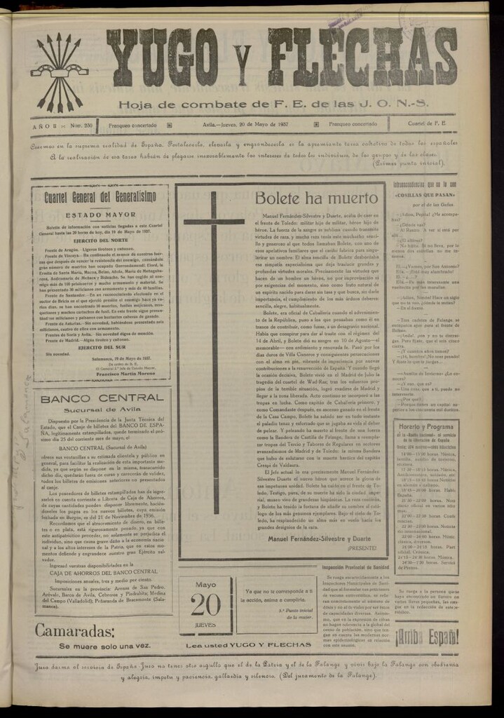 Miniatura de Yugo y flechas : hoja de combate de F.E. de las J.O.N.S. del 20 de mayo de 1937, nº 230