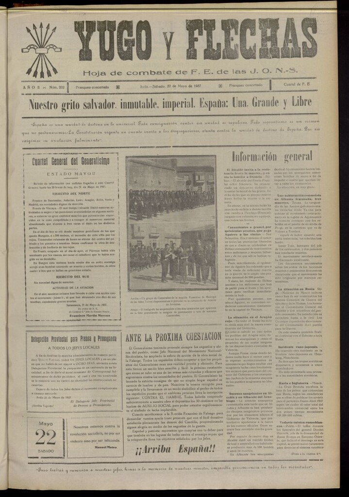 Miniatura de Yugo y flechas : hoja de combate de F.E. de las J.O.N.S. del 22 de mayo de 1937, nº 232