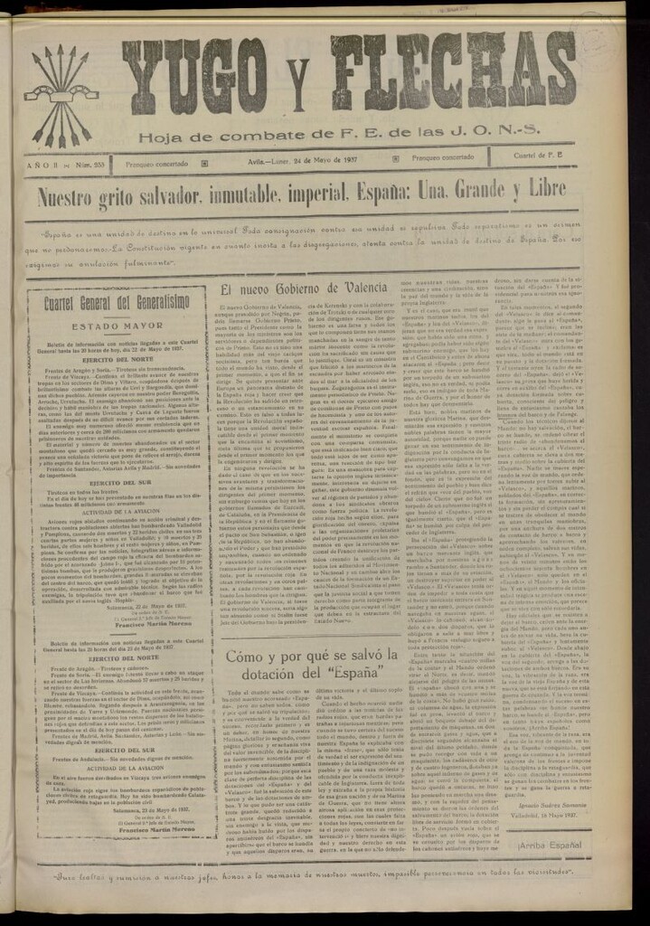 Miniatura de Yugo y flechas : hoja de combate de F.E. de las J.O.N.S. del 24 de mayo de 1937, nº 233