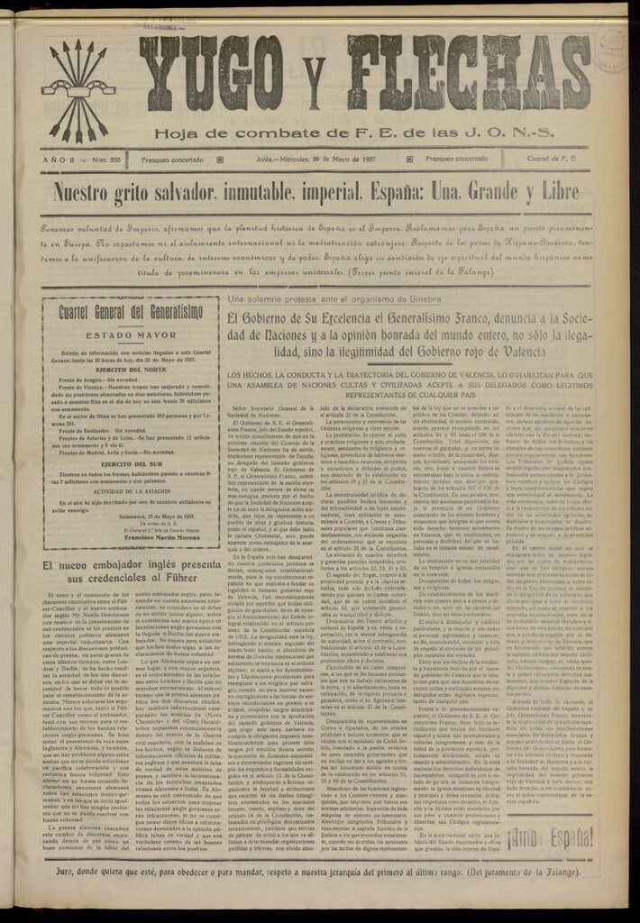 Miniatura de Yugo y flechas : hoja de combate de F.E. de las J.O.N.S. del 26 de mayo de 1937, nº 235