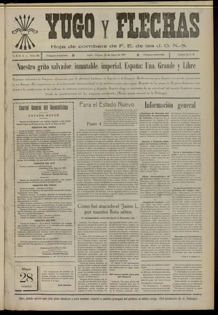Miniatura de Yugo y flechas : hoja de combate de F.E. de las J.O.N.S. del 28 de mayo de 1937, nº 236