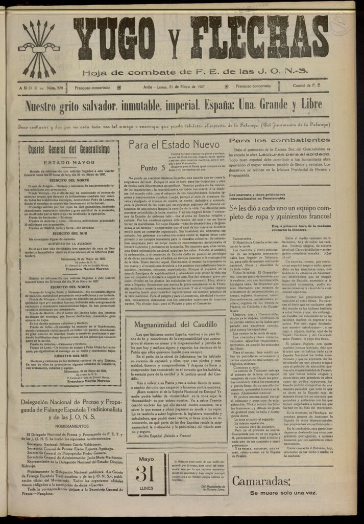 Miniatura de Yugo y flechas : hoja de combate de F.E. de las J.O.N.S. del 31 de mayo de 1937, nº 238