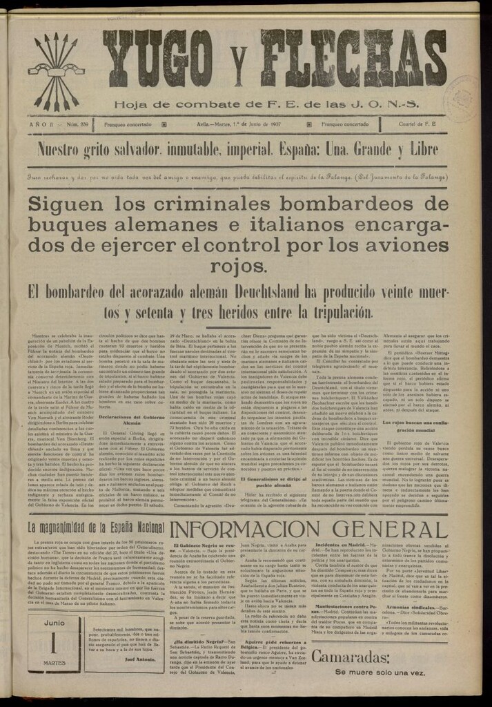 Miniatura de Yugo y flechas : hoja de combate de F.E. de las J.O.N.S. del 1 de junio de 1937, nº 239