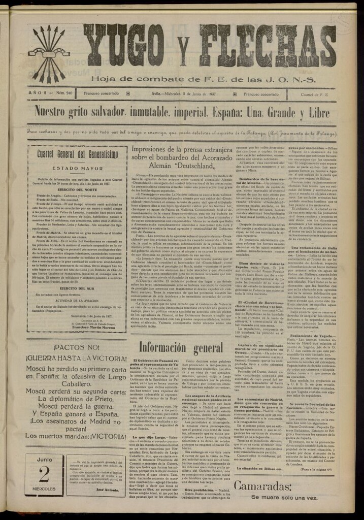 Miniatura de Yugo y flechas : hoja de combate de F.E. de las J.O.N.S. del 2 de junio de 1937, nº 240