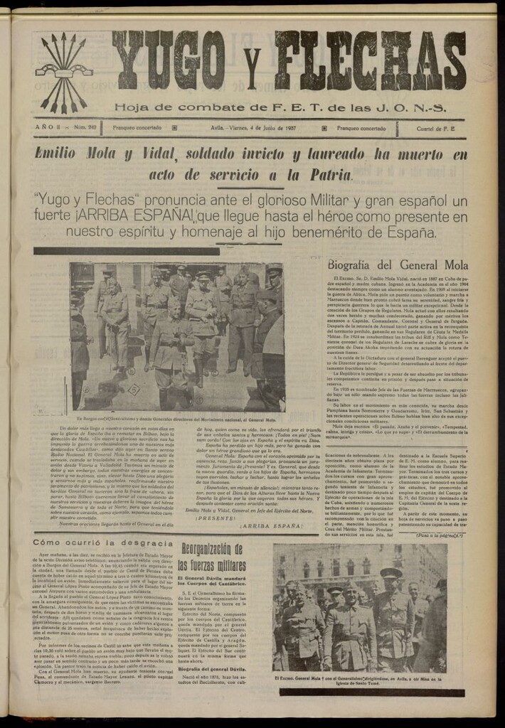Miniatura de Yugo y flechas : hoja de combate de F.E. de las J.O.N.S. del 4 de junio de 1937, nº 242