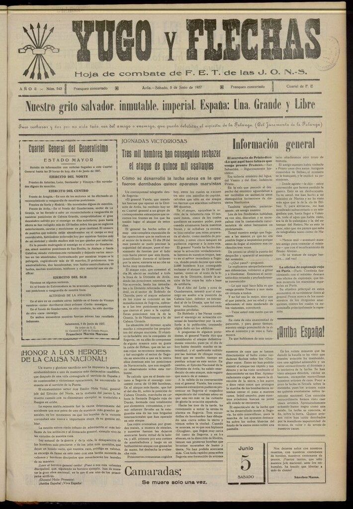 Miniatura de Yugo y flechas : hoja de combate de F.E. de las J.O.N.S. del 5 de junio de 1937, nº 243