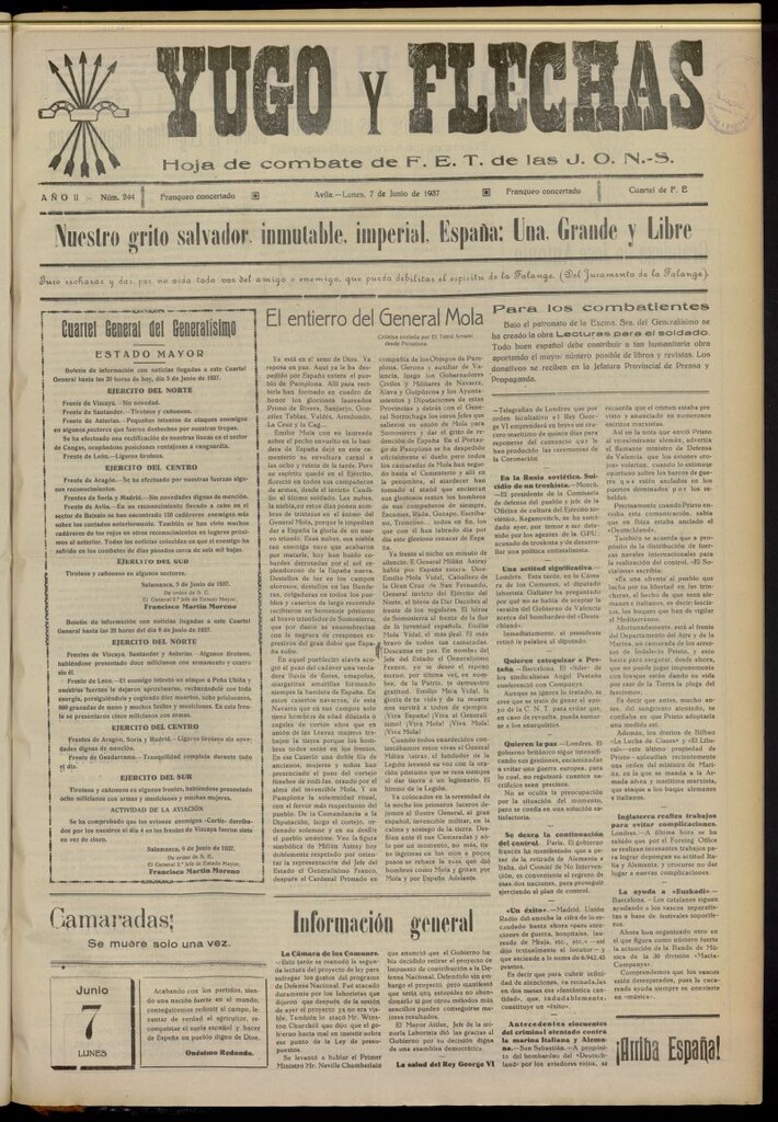 Miniatura de Yugo y flechas : hoja de combate de F.E. de las J.O.N.S. del 7 de junio de 1937, nº 244