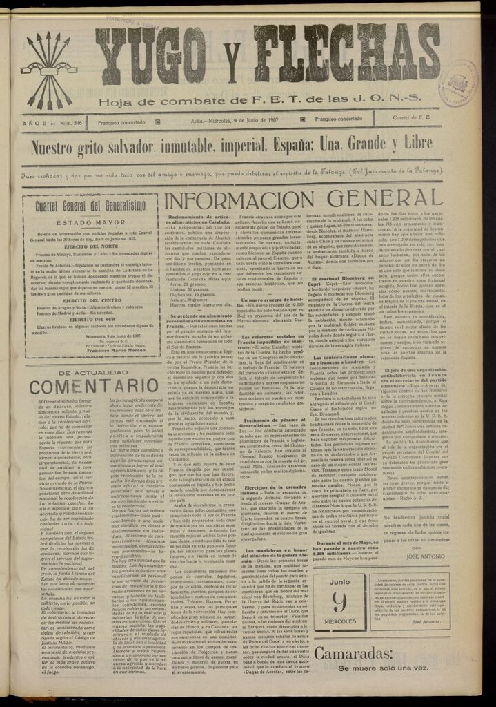 Miniatura de Yugo y flechas : hoja de combate de F.E. de las J.O.N.S. del 9 de junio de 1937, nº 246