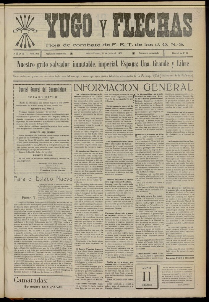 Miniatura de Yugo y flechas : hoja de combate de F.E. de las J.O.N.S. del 11 de junio de 1937, nº 248