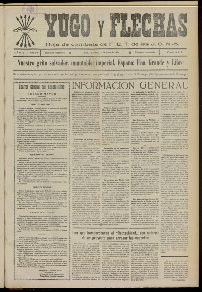 Miniatura de Yugo y flechas : hoja de combate de F.E. de las J.O.N.S. del 12 de junio de 1937, nº 249