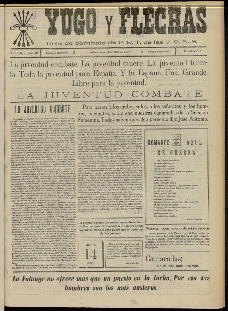 Miniatura de Yugo y flechas : hoja de combate de F.E. de las J.O.N.S. del 14 de junio de 1937, nº 250