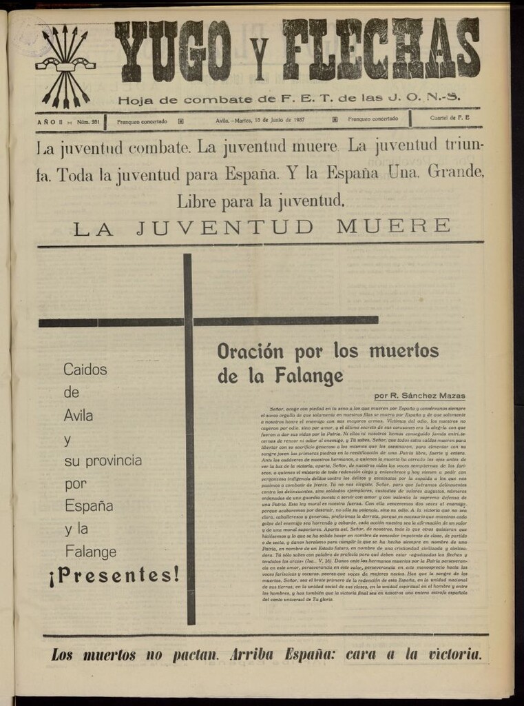 Miniatura de Yugo y flechas : hoja de combate de F.E. de las J.O.N.S. del 15 de junio de 1937, nº 251