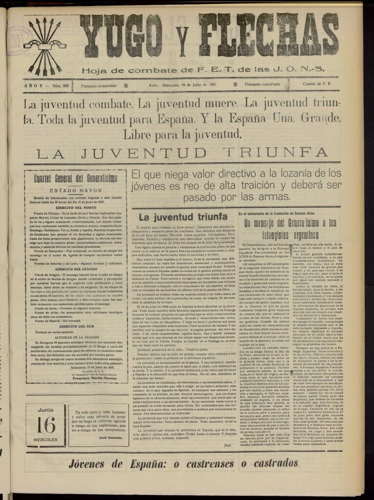 Miniatura de Yugo y flechas : hoja de combate de F.E. de las J.O.N.S. del 16 de junio de 1937, nº 252