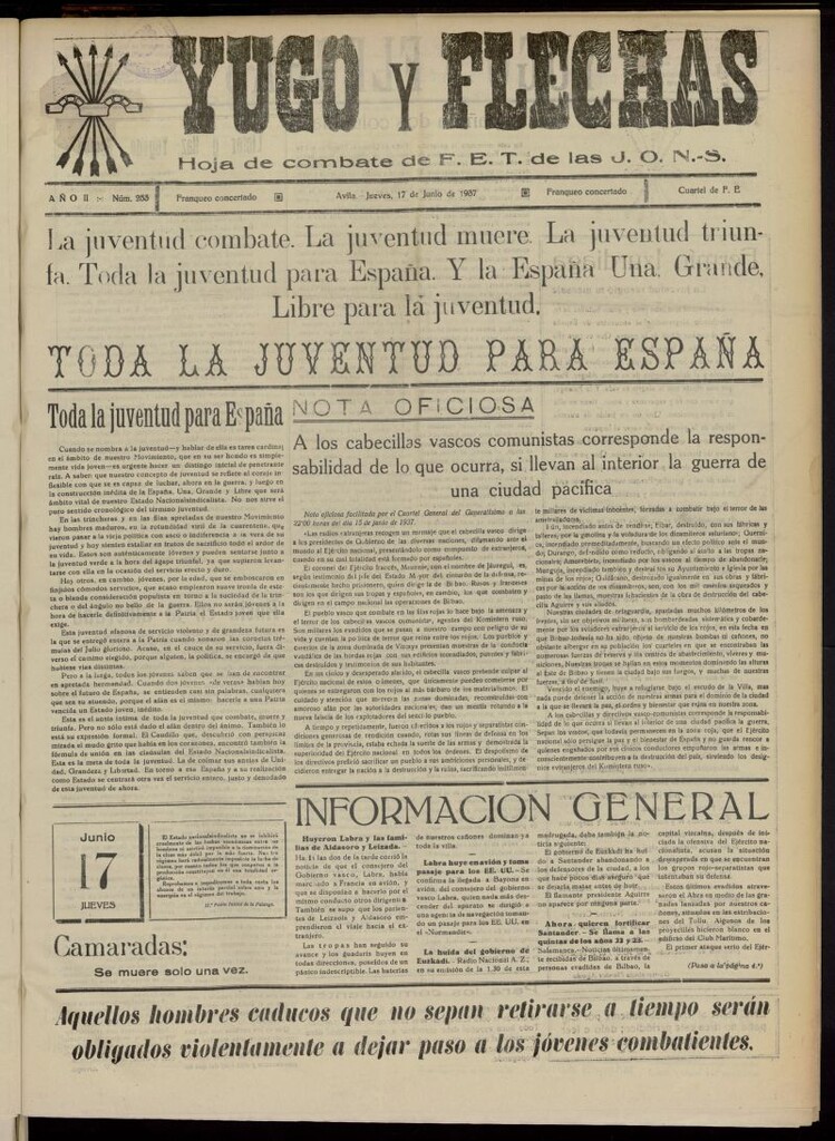 Miniatura de Yugo y flechas : hoja de combate de F.E. de las J.O.N.S. del 17 de junio de 1937, nº 253