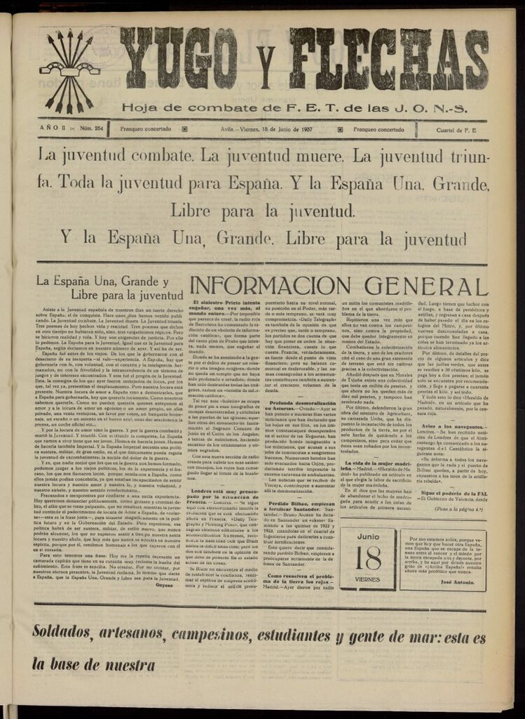 Miniatura de Yugo y flechas : hoja de combate de F.E. de las J.O.N.S. del 18 de junio de 1937, nº 254