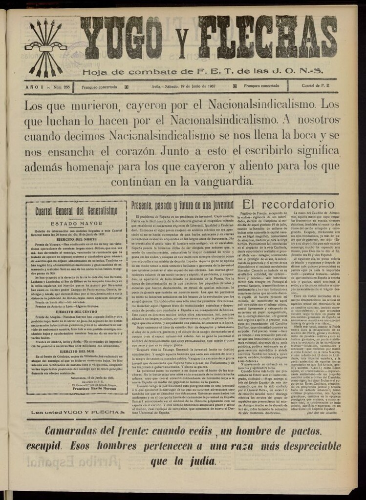 Miniatura de Yugo y flechas : hoja de combate de F.E. de las J.O.N.S. del 19 de junio de 1937, nº 255