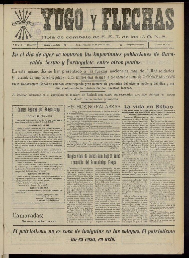 Miniatura de Yugo y flechas : hoja de combate de F.E. de las J.O.N.S. del 23 de junio de 1937, nº 258