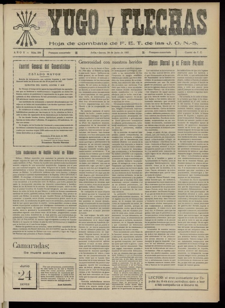 Miniatura de Yugo y flechas : hoja de combate de F.E. de las J.O.N.S. del 24 de junio de 1937, nº 259