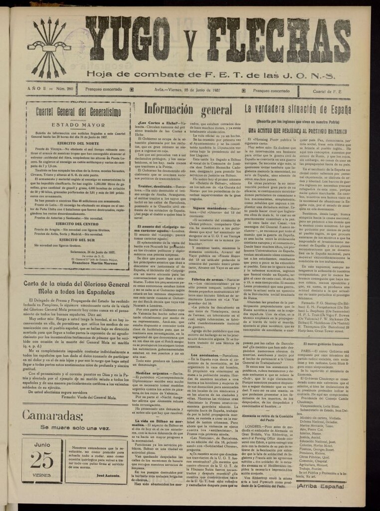 Miniatura de Yugo y flechas : hoja de combate de F.E. de las J.O.N.S. del 25 de junio de 1937, nº 260