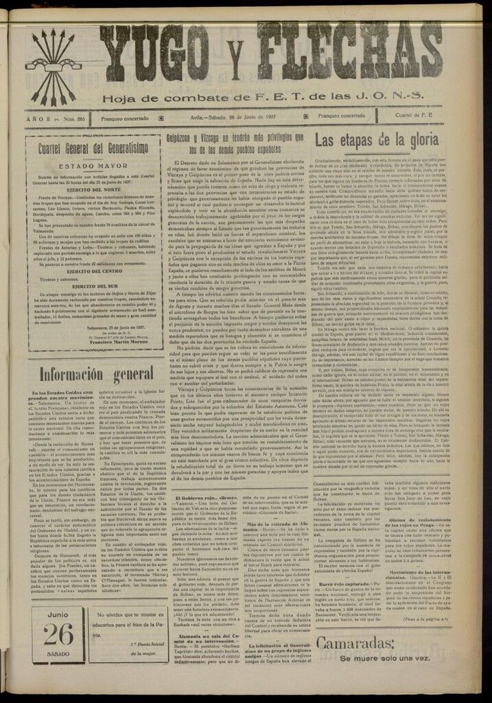 Miniatura de Yugo y flechas : hoja de combate de F.E. de las J.O.N.S. del 26 de junio de 1937, nº 261