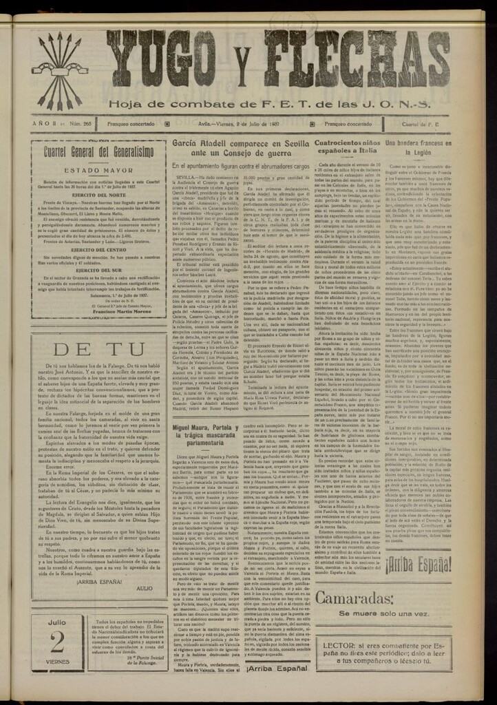Miniatura de Yugo y flechas : hoja de combate de F.E. de las J.O.N.S. del 2 de julio de 1937, nº 265