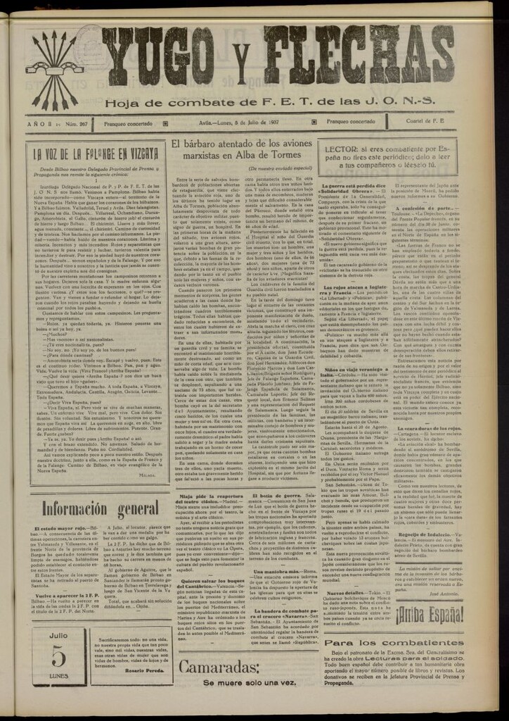 Miniatura de Yugo y flechas : hoja de combate de F.E. de las J.O.N.S. del 5 de julio de 1937, nº 267