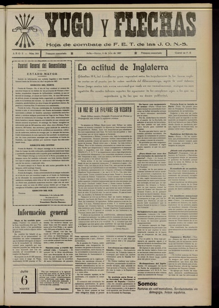 Miniatura de Yugo y flechas : hoja de combate de F.E. de las J.O.N.S. del 6 de julio de 1937, nº 268