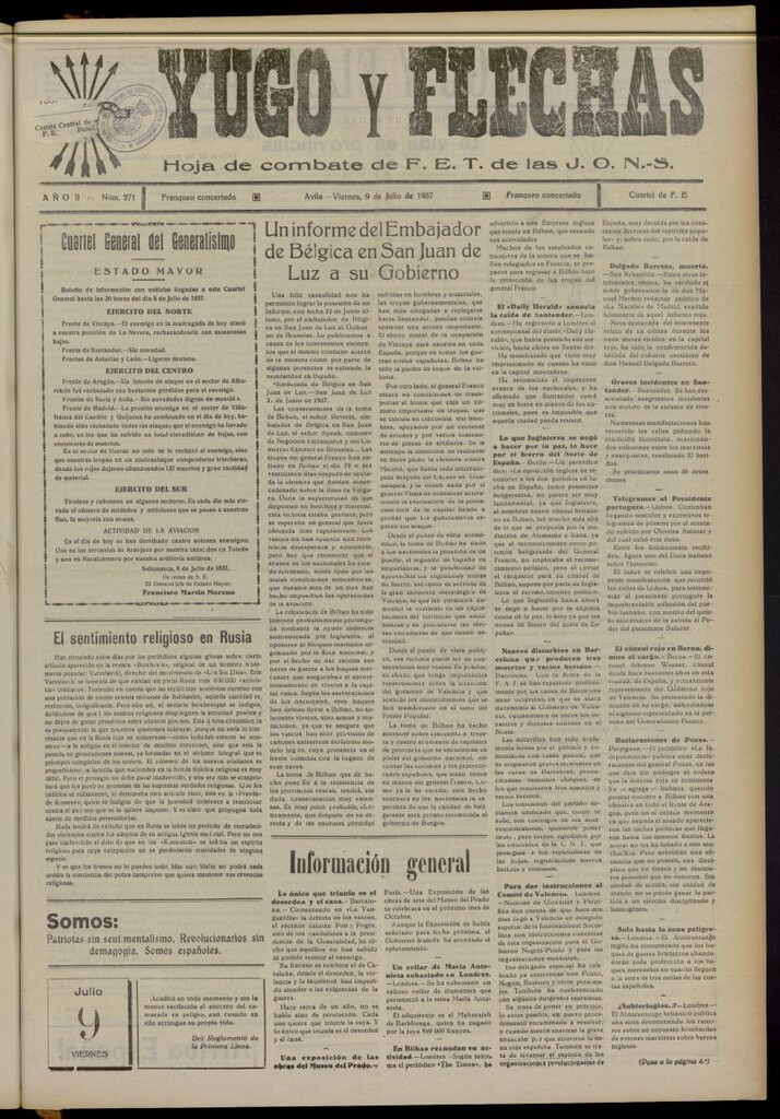 Miniatura de Yugo y flechas : hoja de combate de F.E. de las J.O.N.S. del 9 de julio de 1937, nº 270