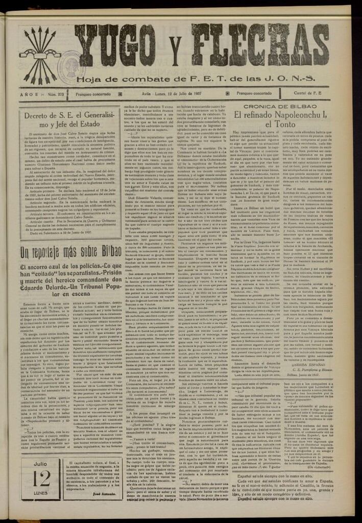 Miniatura de Yugo y flechas : hoja de combate de F.E. de las J.O.N.S. del 12 de julio de 1937, nº 273