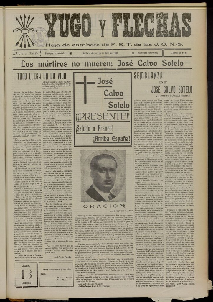 Miniatura de Yugo y flechas : hoja de combate de F.E. de las J.O.N.S. del 13 de julio de 1937, nº 274