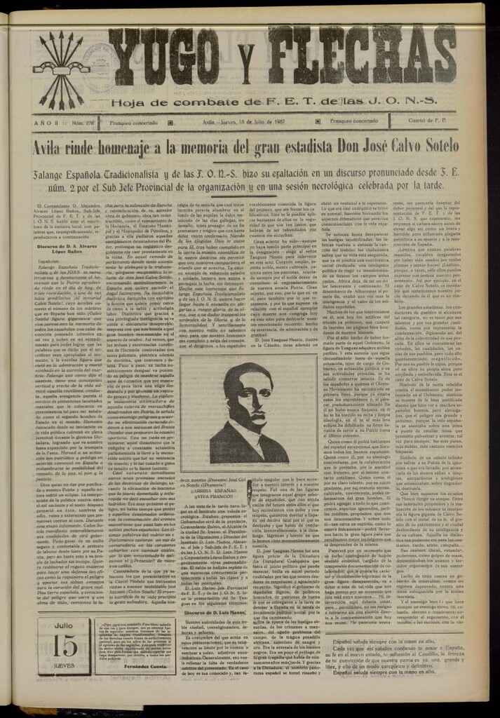 Miniatura de Yugo y flechas : hoja de combate de F.E. de las J.O.N.S. del 15 de julio de 1937, nº 276