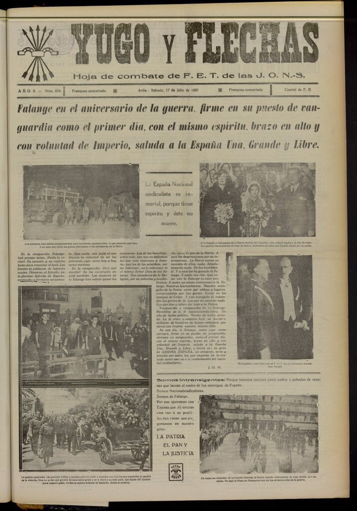 Miniatura de Yugo y flechas : hoja de combate de F.E. de las J.O.N.S. del 17 de julio de 1937, nº 278